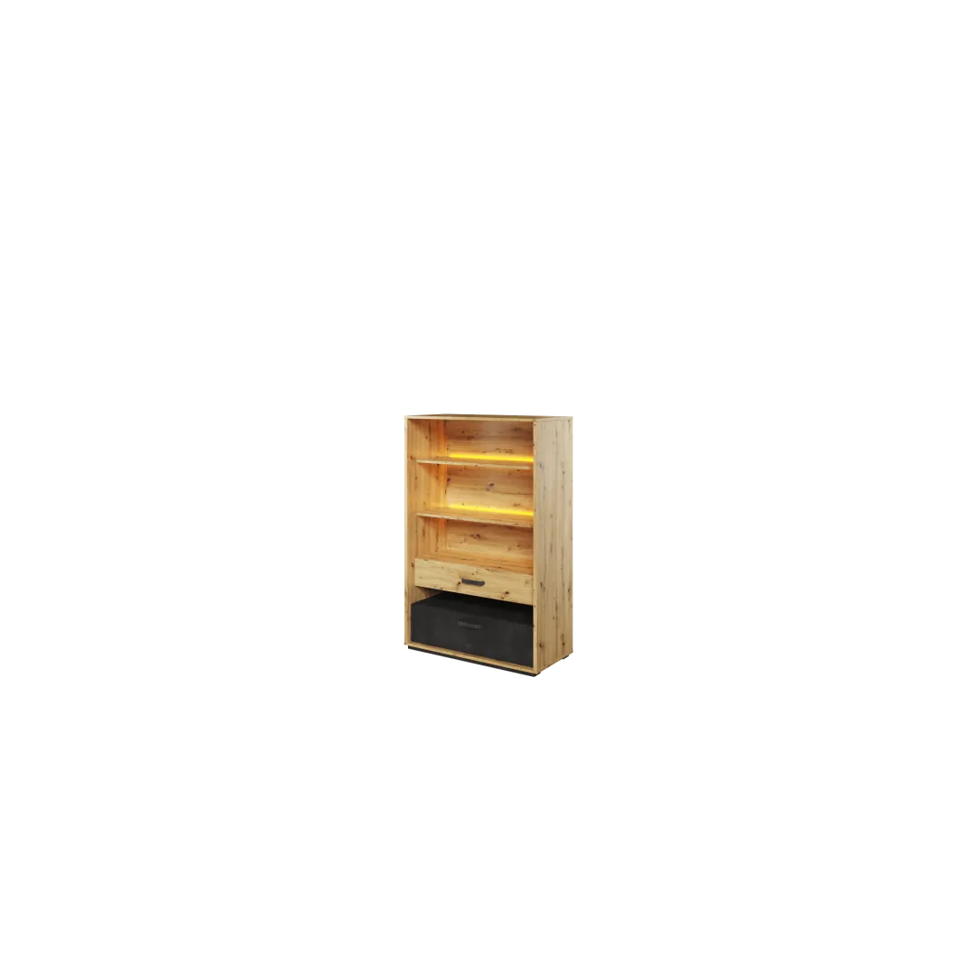 Regał z dwoma szufladami QUBIC dąb artisan/raw steel/silk flou